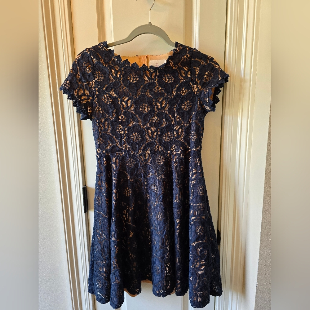 Elegant Navy and Tan Lace Kids Size 14 Dress